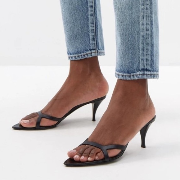 Saint Laurent Carla 60mm Leather Pointy Toe Sandal Kitten Mules Heels Black 35.5 - Picture 1 of 13
